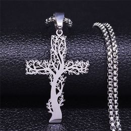 Boom Of Life Cross roestvrijstalen ketting Ketting Zilveren Kleur Verklaring Ketting Sieraden Joyeria Acero Inoxidable Mujer