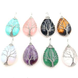 Arbre de vie cristaux collier pendentif goutte d'eau pierre naturelle colliers fil Wrap pierre de guérison tour de cou chaîne en métal pour les femmes