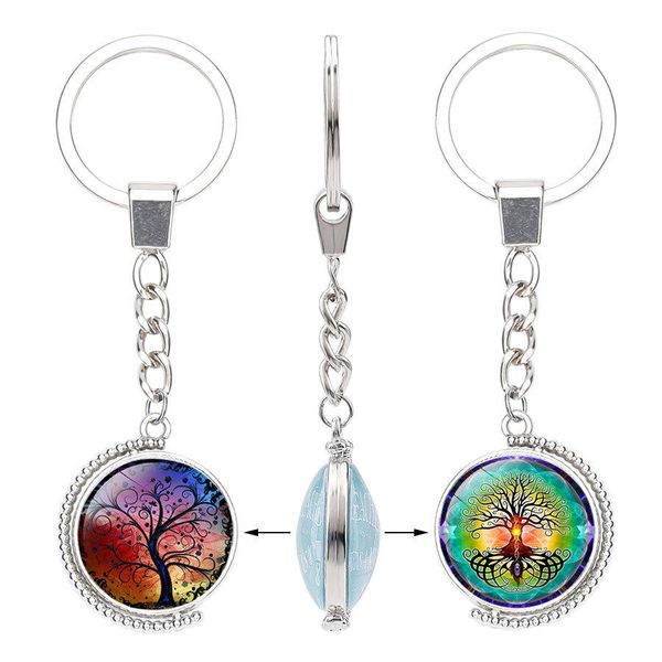 Arbre de vie Double face Porte-clés Cabochon en verre rotatif Temps Pierre précieuse Porte-clés Métal argenté Porte-clés Accessoires de bijoux en vrac