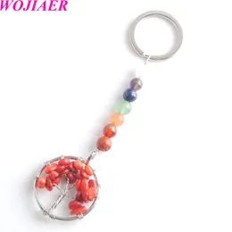 Tree of Life Key Chain 7 Chakra Claykey Ring para mujeres Bag Natural Stone Natural Stone Red Coral Fluorite Jewelry Regalos BW905