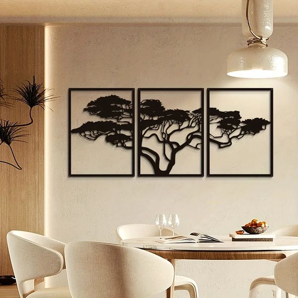 Tree of Life Metal Wall Art Sign Decoration Gift Gift Houseing Hanging 3pcs Black Decor 240425