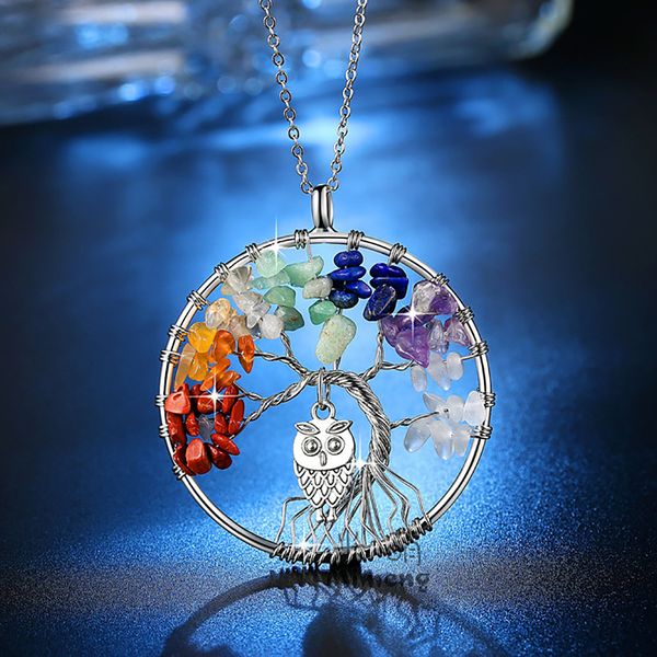 Arbre de Vie Hibou Colliers Chakra Quartz Pierres Naturelles Animal Charme Pendentif Lien Chaîne Collier De Mode Femmes Coloré Cristal Bijoux Cadeau