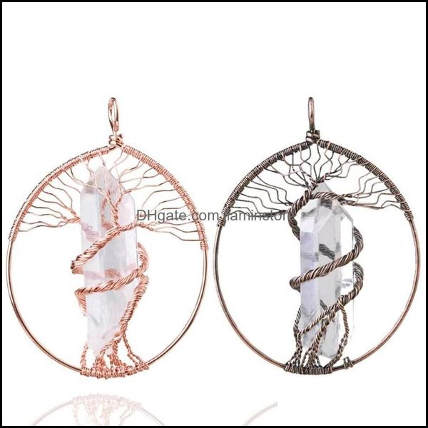 Pendentif arbre de vie avec pierres pendentifs en pierre naturelle pour collier fabrication de bijoux fil enroulé cristal de roche Quartz sans chaîne