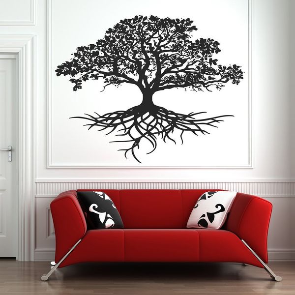 Arbre de vie autocollant mural décalcomanie cercle tribal de vie racines branches oiseaux stickers muraux salon yoga studio décor mural D724 210308