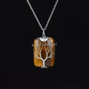 Collier en pierre naturelle rectangulaire pour femmes, enroulement de fil d'arbre de vie, Quartz Rose, améthyste, œil de tigre, bijoux à la mode