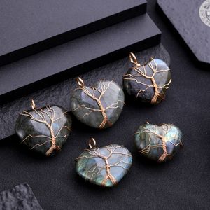 Arbre de vie fil enroulé coeur pendentif naturel Flash pierre Labradorite pierre de lune pendentif Divination méditation spirituelle charmes bijoux