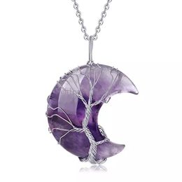 Collier avec pendentif croissant de lune enveloppé de fil d'arbre de vie, colliers en pierre de cristal de guérison Reiki, pierres précieuses naturelles, améthyste, œil de tigre, quartz, bijoux cadeau pour femmes