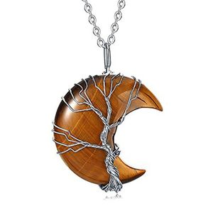 Arbre de vie fil enveloppé pierre précieuse naturelle croissant de lune pendentif collier guérison cristal pierre colliers femmes hommes Fashoin bijoux