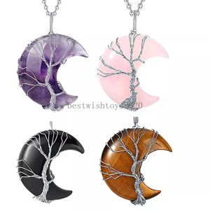 Boom van Leven Draad Wrapped Natural Gemstone Crescent Moon Pendant ketting genezende kristallen stenen kettingen natuurlijke kwarts sieraden