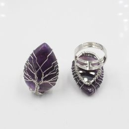 Boom of Life Wire Wrapped Rings Waterdrop Stone Quartz Healing Chakra Opening Roze Purple Ring voor Dames Mannen