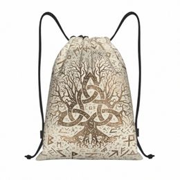 Arbre de vie avec Triquetra et Futhark Pastel Gold Sac à dos à cordon de sport Sac de sport Viking Norse Yggdrasil Shop Sackpack R1Dm #