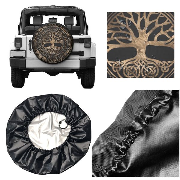 Arbre de vie yggdrasil motif runique de pneu de secours de secours pour jeep pajero viking norraire symbole couvercles de roue de voiture 14 