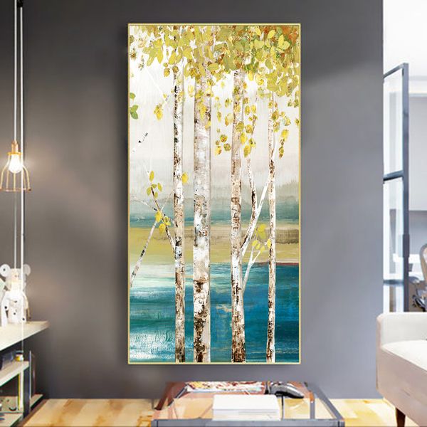 Póster de árbol, imágenes artísticas de pared de paisaje para sala de estar, pintura al óleo sobre lienzo, impresiones, decoración interior, abedul blanco, decoración del hogar