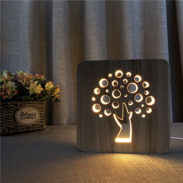 Lámpara de mesa LED de árbol de madera novedad creativa lámpara de noche 3D sólida talla de madera luces de noche huecas fuente de alimentación USB