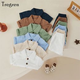 Trigren 03 Jaars peuter babyjongen meisje zomer outfits casual massieve korte mouw button down revers shirt shorts 2 stks kleding sets 240430