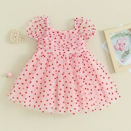 Tregren 6m-4y Toddler bébé fille Valentin Robe de la journée courte à manches bouffantes imprimées tulle mignon princesse fête quotidienne 240418