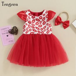 Tragren dulce niña de San Valentín vestida de día de verano de manga corta labios estampados con diadema 2 piezas de ropa infantil 240403