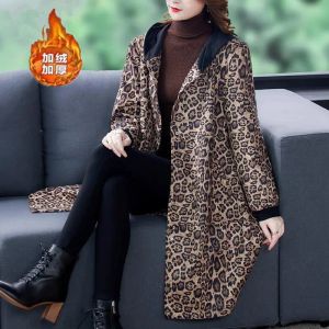 Gabardina 2023 nuevo estampado de leopardo con capucha Midi Otoño e Invierno moda atrevida gruesa manga larga de retales sueltos cárdigan con botones abrigos