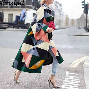 Trenchcoat voor vrouwen lange mouwen kleurrijke print mode herfst winter streetwear casual plus size 210513