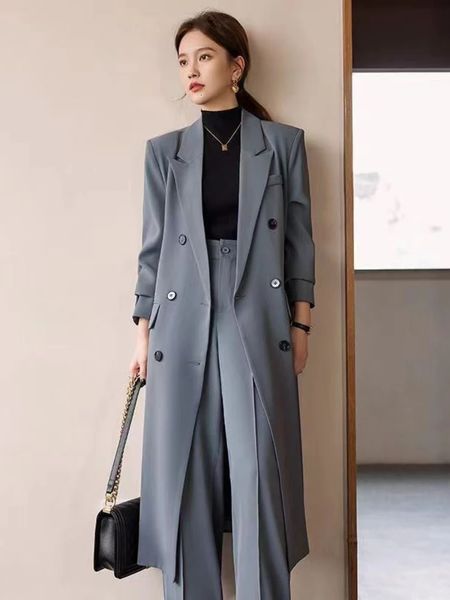 Trench Coat pour femmes costume col Double boutonnage couleur unie Long manteau élégance bureau dame vestes automne hiver vêtements femmes 240202