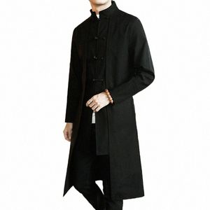 Trench-Coat Hommes Faux Deux Pièces Cardigan Kimo Manteau Brodé Mâle LG Style Chinois Noir Lâche Vintage Cott Lin Veste c4g7 #