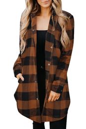 Gabardina estilo europeo americano solapa camisa a cuadros de longitud media de manga larga otoño e invierno chaqueta de mujer camisas de mujer