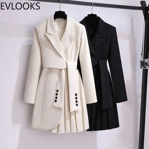 Trench-Coats EVLOOKS Costume Robe Veste mi-longue Style Taille Minceur Conception Casual Lâche Plissée Trench-Coat Nouvelles Femmes Autum Hiver 2022 Y2209