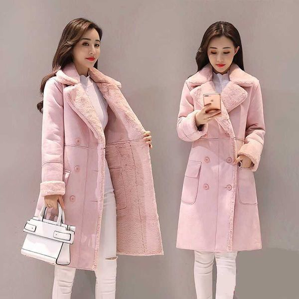 Trench manteaux veste d'hiver femmes daim fourrure manteau d'hiver 2022 mode épais Faux peau de mouton longue veste pardessus femme solide chaud Trench manteaux Y2209