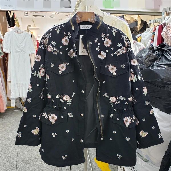 Trench Korean Fashion broderie Trench Coat Trench Coat Femme Diswear Black White Army Green Mid Long Trawstring Windbreaker Femme