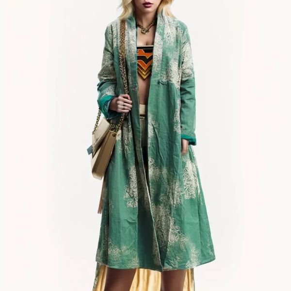 Trench LZJN-gabardina larga de algodón y lino para mujer, abrigo largo de plumero, cazadora china Vintage, cárdigan étnico de cintura alta, primavera 2024