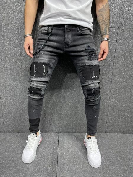 Trench Men Ripped Skinny Jeans Biker Alta calidad Negro desgastado Slimfit Lápiz Pantalones Locomotora Cremallera Pantalones de mezclilla Pantalones de hip hop