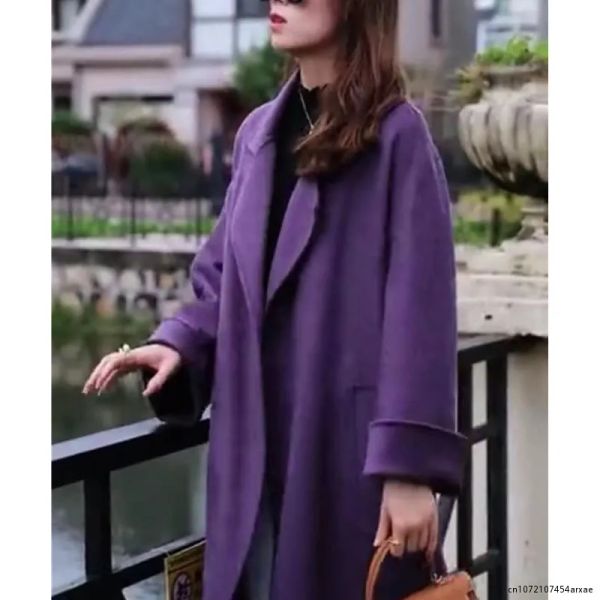 Trench violet mode femmes costumes pardessus Long laine Blazer cachemire décontracté épais chaud robe de bal veste sur mesure Streetwear