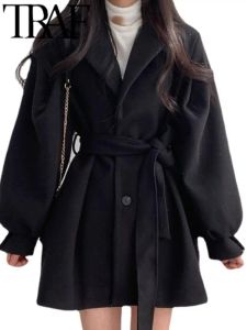 Trench TRAF FANS 2023 femme mode Vintage avec ceinture Trench laçage taille lanterne manches petit manteau de couette Y2k automne hiver noir