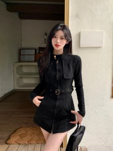 Trench Vintage mi-long col montant veste mince élégant peau de cerf velours ceinture taille à manches longues femmes Trench manteau veste nouveau