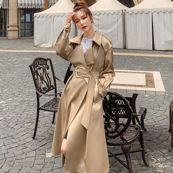 Trench Trench's Mabe's Long Windbreaker 2022 Spring Automn Veste Ladies Cloak Khaki Satin Tabill