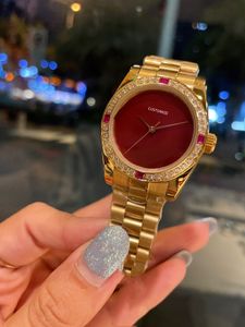 Reloj de pulsera de marca de moda para mujer, reloj de cuarzo de cristal para mujer, esfera roja de acero inoxidable, relojes de piedra púrpura de oro rosa