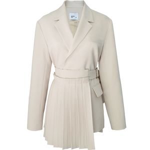 manteau tendance feminino Simple haute qualité ourlet plissé dames beige costume blazer col cranté 210510
