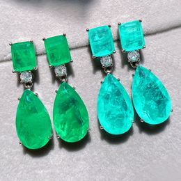 Trend Fashion Paraiba Tourmaline Emerald Gemstone Big Drop Earrings for Women Cocktail Party Fine Jewelry Giift