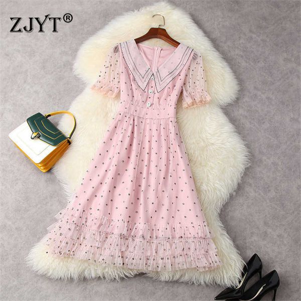 Tendance Fashion Femmes manches courtes Été Polka Dot Mesh Sweet Pink Pink Robe De Princess Party Célébrité Robe Femme 210601