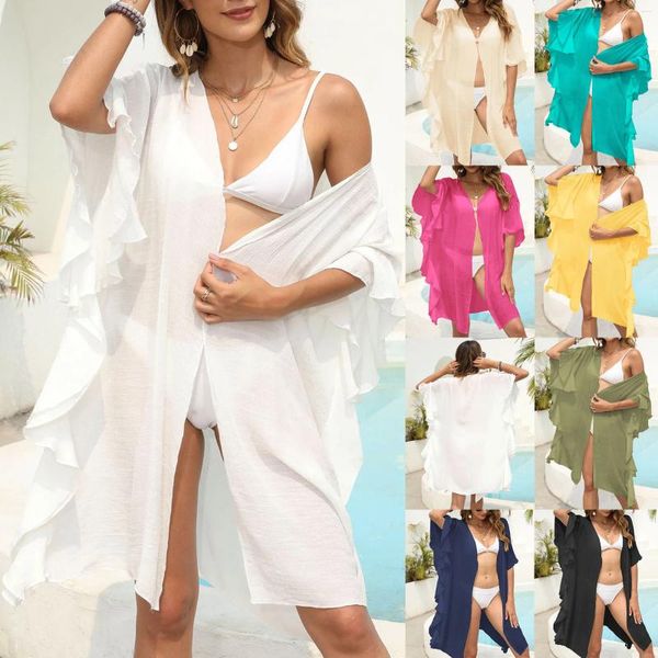 Tendance Flounce Beachwear pour femme Summer Beach Dress Cardigan Sun White White Sarong Swwwear Cover Up Young Outfits