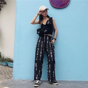 Tendance Hip Hop Harajuku pantalon mode caractères chinois imprimé ample jambe large femmes taille élastique décontracté rétro pantalon femmes Capris