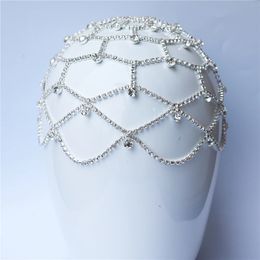 Trend Holle Strass Meerlaags Hoofddeksel Hoofdketting Bruiloft Sieraden voor Vrouwen Luxe Kristal Voorhoofd Mesh Hoofdband Hoed 240301