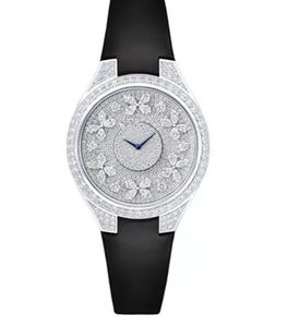 Tendencia Marca de lujo Disco Mariposa Oro blanco Diamante completo Reloj Signo Logotipo Cristal Puede moverse Reloj de pulsera de cuarzo de cuero genuino para mujer