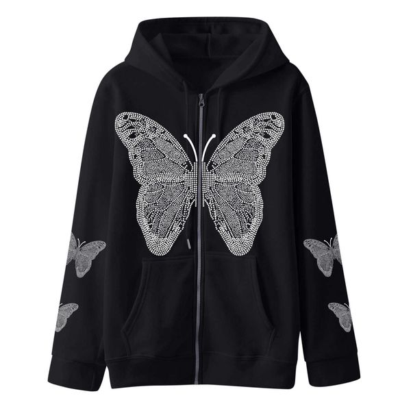 Producto de tendencia, sudadera con capucha con estampado de mariposas, suéter cómodo informal de calle con cremallera, felpa para mujer