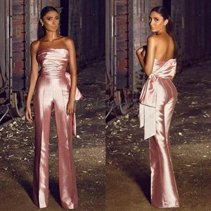 Trend Rose Pink Jumpsuit Avondjurken Sexy Strapless Silk Satin Pant Prom feestjurken met grote boog 2021 Goedkope gewaden de SO289S