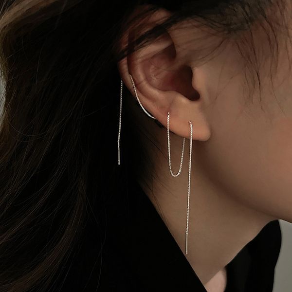 Tendencia Pendientes largos de aguja de plata Cadena de borla de alambre Pendiente de gota Línea de oreja de mujer Pendientes colgantes rectos Regalos de joyería al por mayor YME072