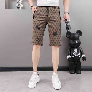 Trendstijl bijgesneden heren casual shorts Bee Print 2022 Zomer nieuwe slanke rechte rechte hoogwaardige man doek knieprookmodebrandontwerper mannelijke shorts mannelijke shorts