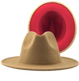 Trend Tan avec patchwork rouge Plain Wool Felt Jazz Fedora Chapeaux Men Femmes Wide Brim Panama Trilby Cowboy Cap pour fête Q08058592517