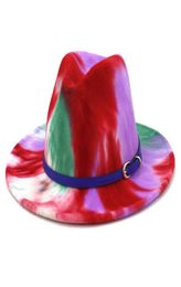 Trend Tie Dye Gedrukte kleur Fedora Hat For Women Lady Girl Men Boy unisex Dress Party Filt Jazz Cap Blue Belt Docor1613029