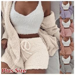 Tendance Hiver Polaire Pyjama Ensemble Femmes Homewear Manteau À Manches Longues Outwear + Gilet Sans Manches + Shorts 3 Pièces Tenues Doux En Peluche Vêtements De Nuit Costume